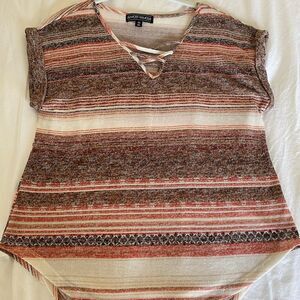 Almost Famous XL Red and Tan Aztec Criss Cross Top